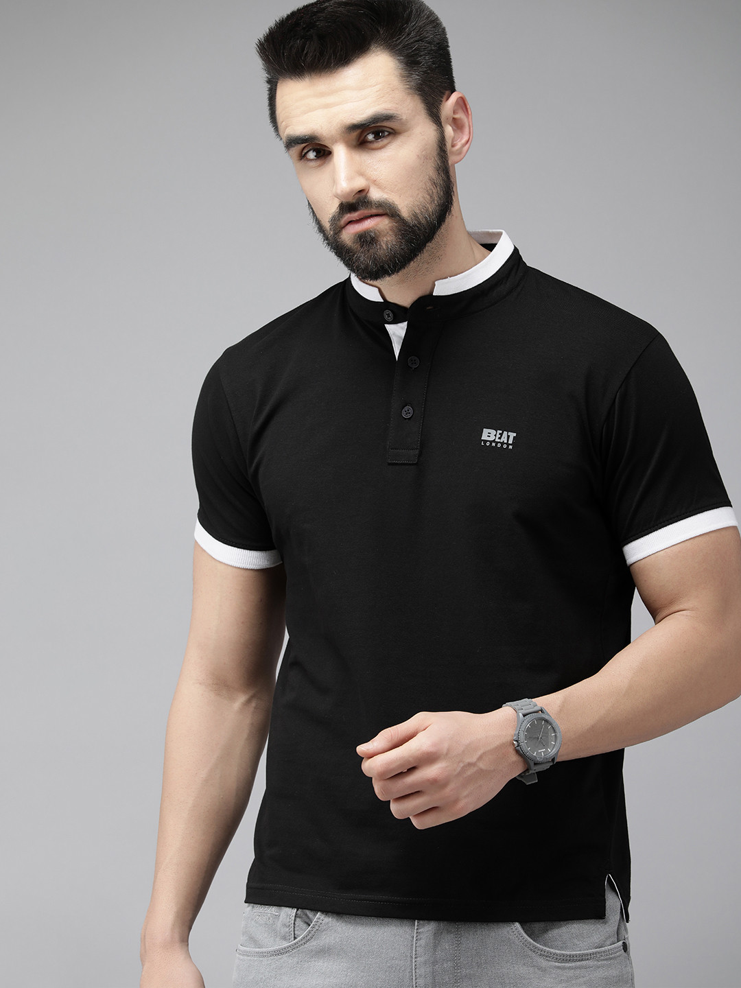 BEAT LONDON by PEPE JEANS Men Black Solid Mandarin Collar T-shirt