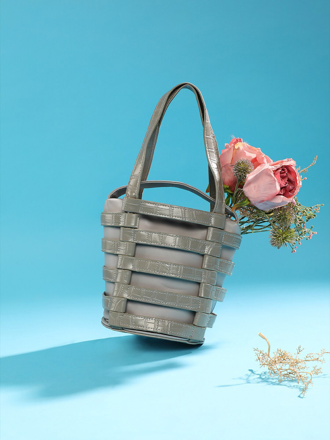 HAUTE SAUCE  Grey PU Structured Handheld Bag with Cut Work