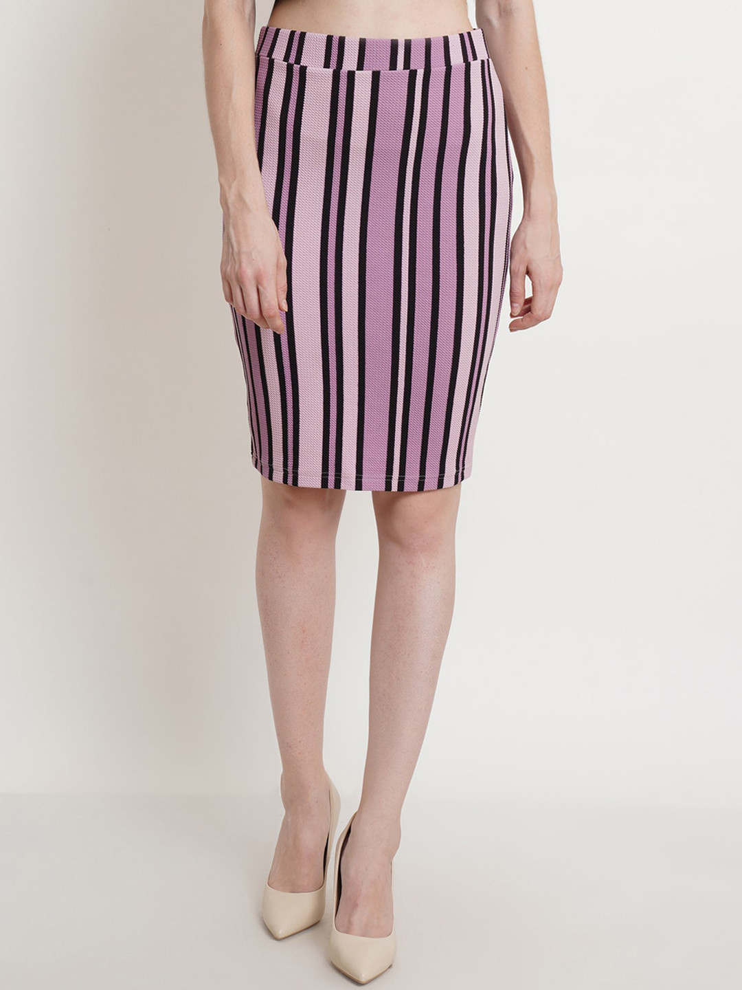 Popwings Women Lavender-Colored & Black Striped Pencil Knee-Length Skirt