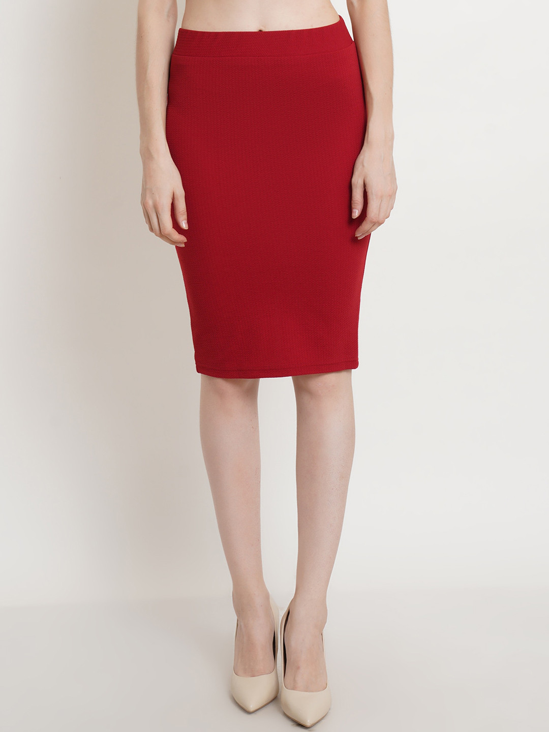 Popwings Women Maroon Solid Pencil Skirts