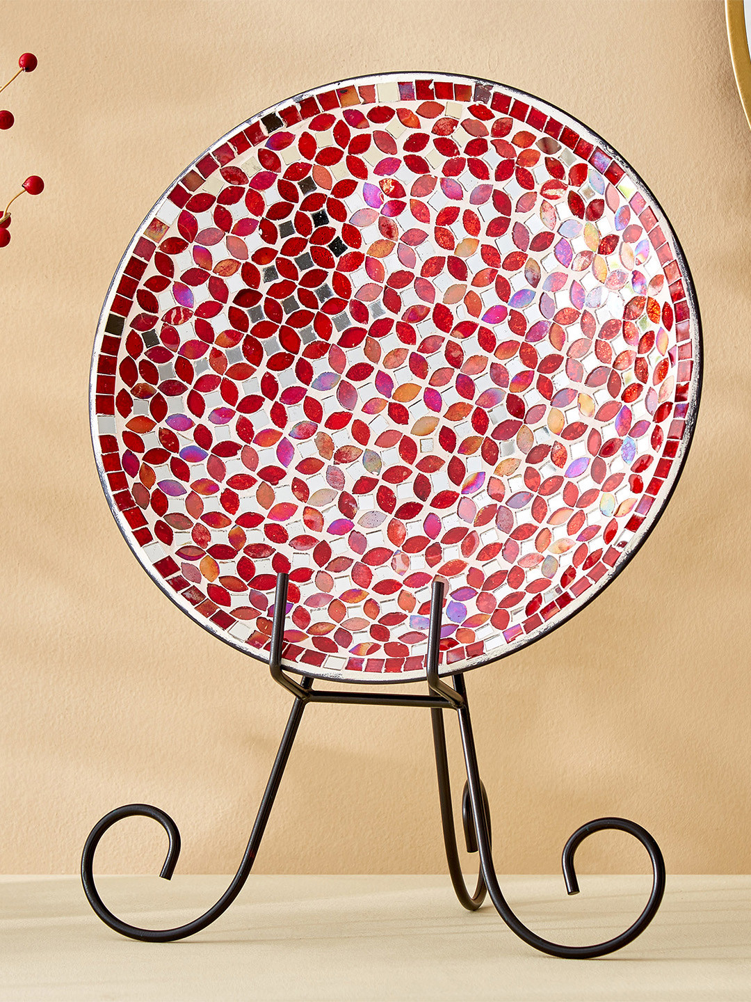 Home Centre Red & Brown Corsica Mosaic Iron Table Accent with Wood Base