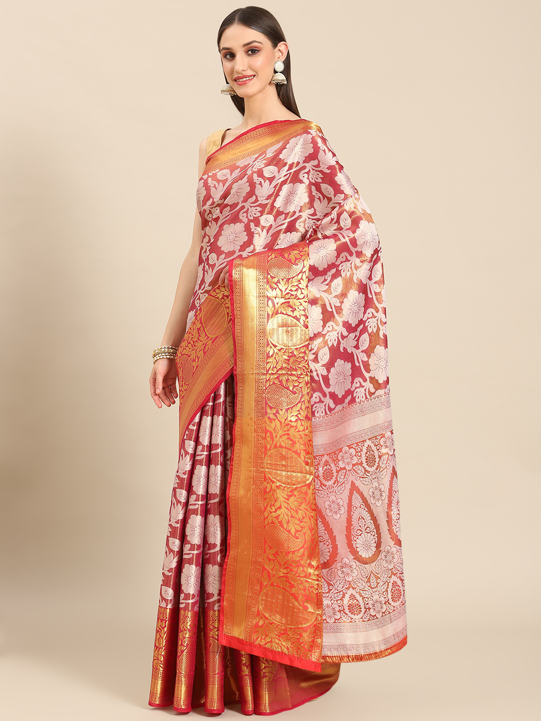 Silk Land Pink & White Floral Zari Tissue Heavy Work Kanjeevaram Saree