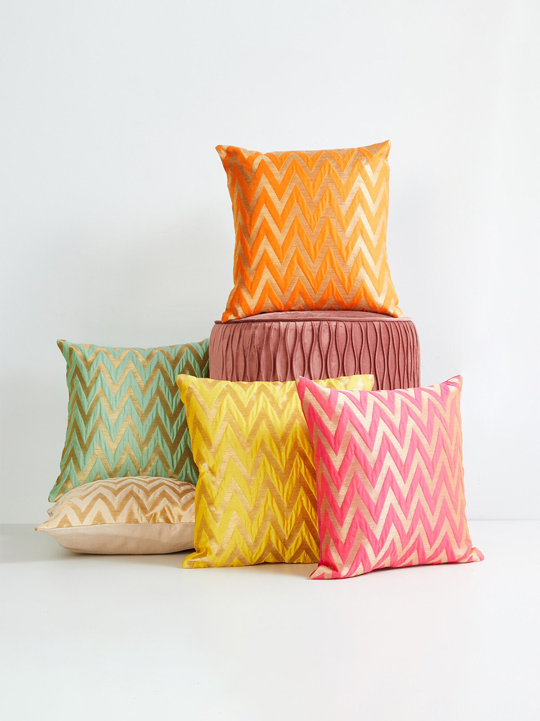 Home Centre Orange & Red Set of 5 Geometric Square Cushion Covers