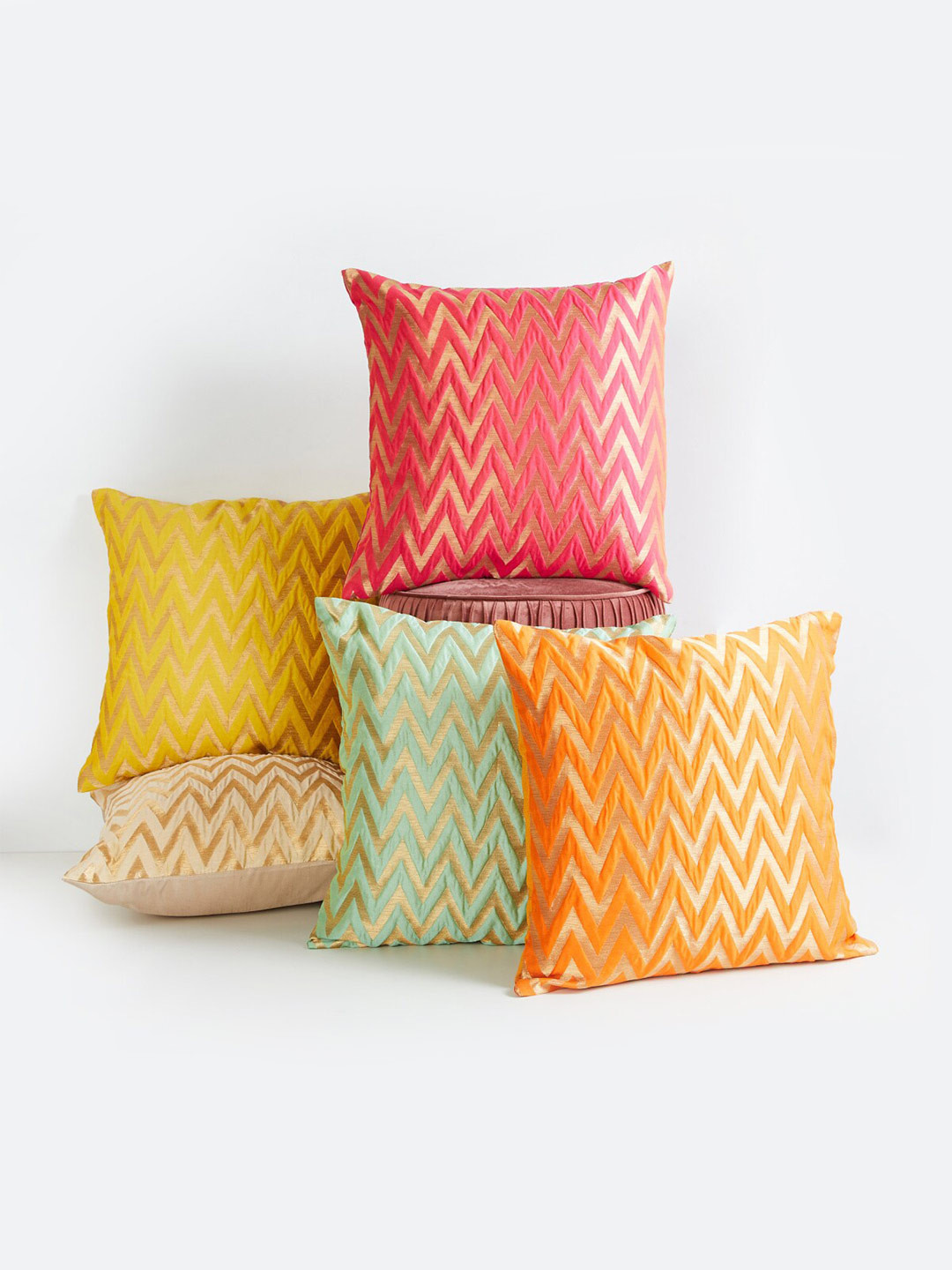 Home Centre Red & Yellow Set of 5 Geometric Square Cushion Covers