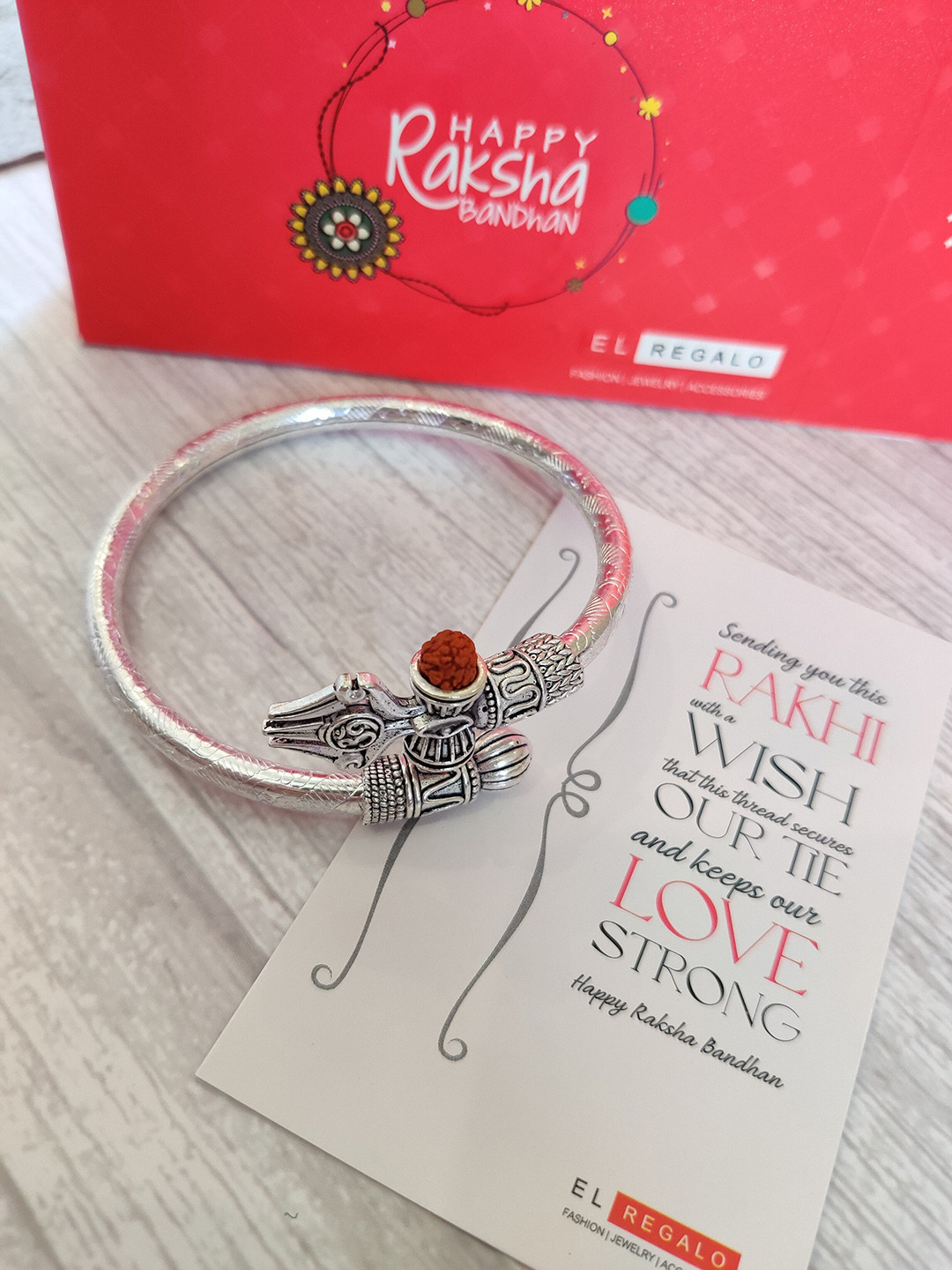 EL REGALO Men Silver-Toned Rudraksha Studded Om Kada Bracelet Rakhi