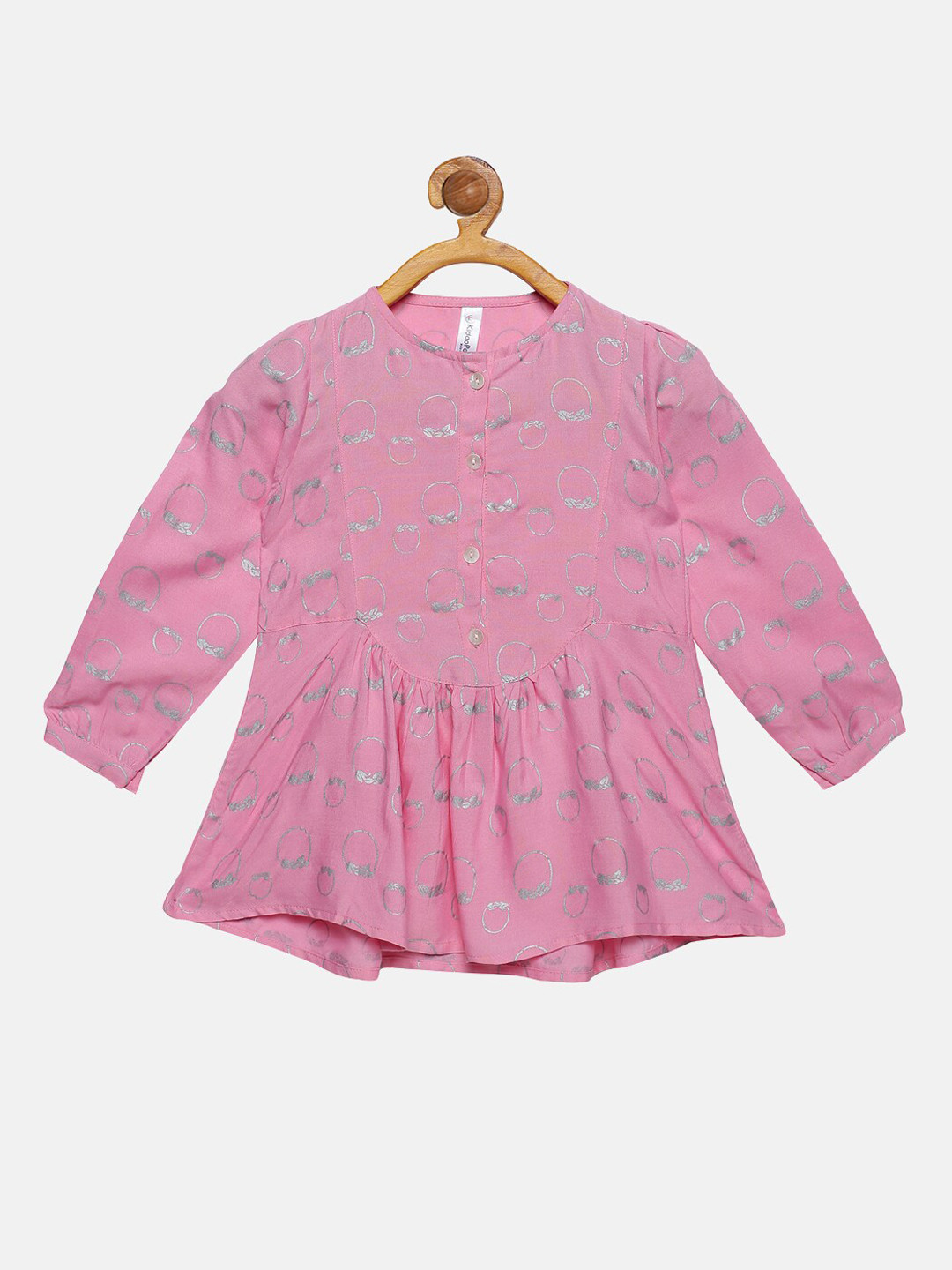 KiddoPanti Girls Pink Full Sleeve Short Kurti