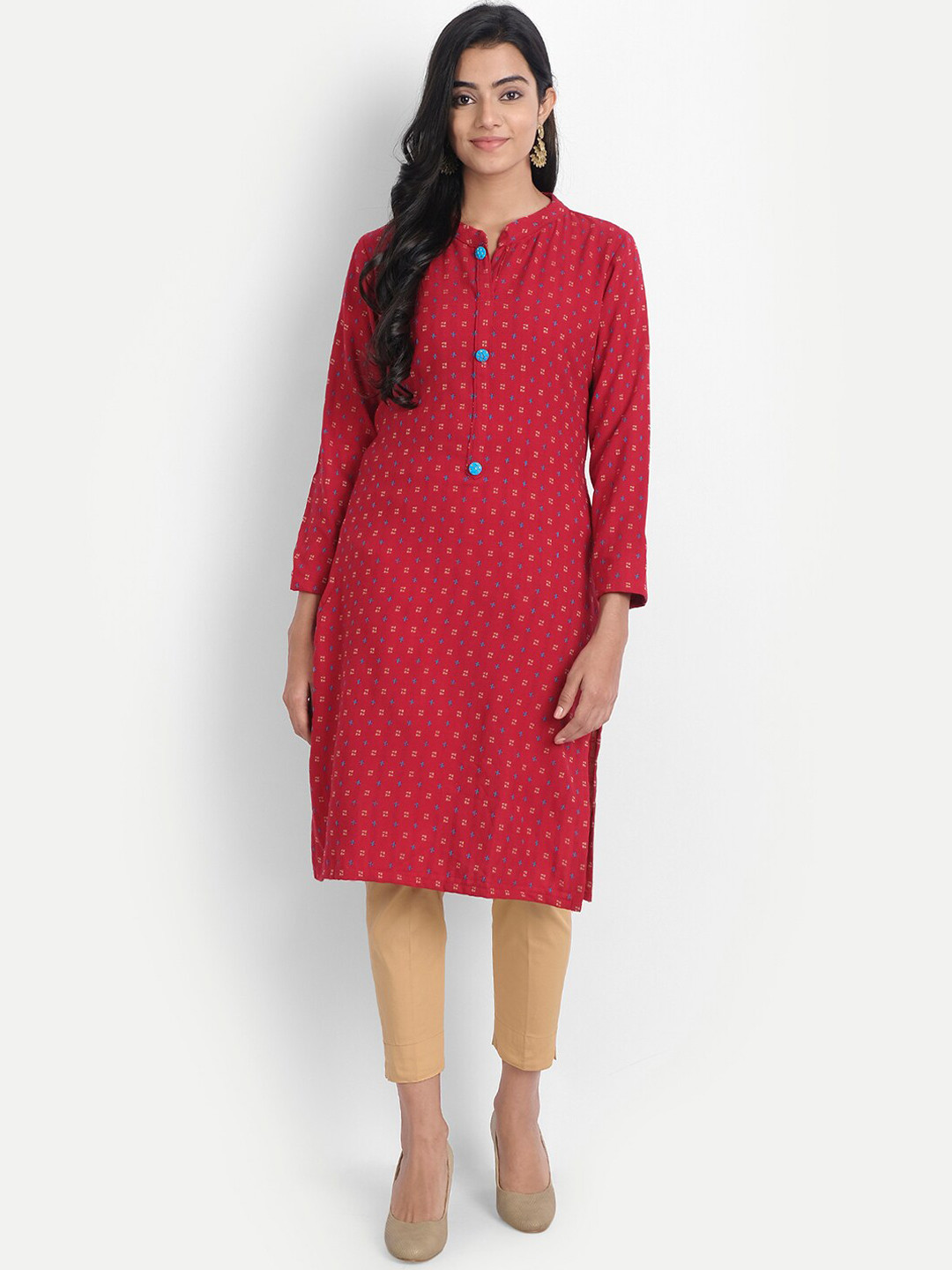 Alavya Women Red Geometric Printed Thread Work Dobby Kurta