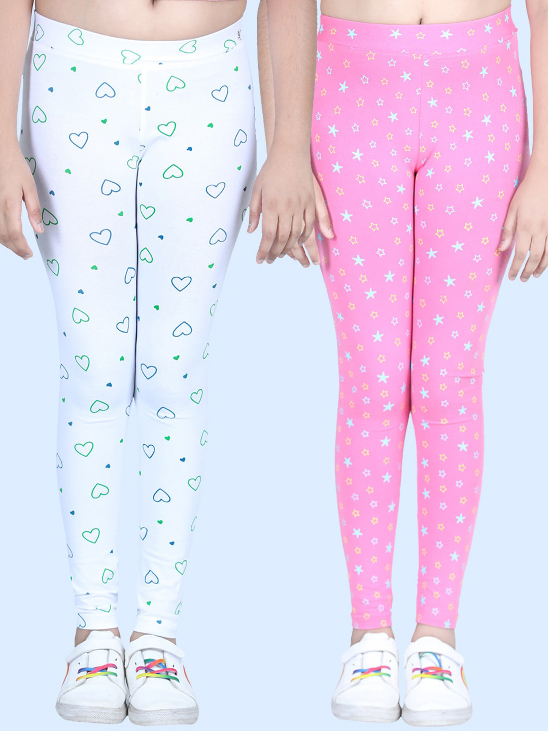 StyleStone Girls Pack of 2 Printed Leggings with Flat Waistband- White & Pink
