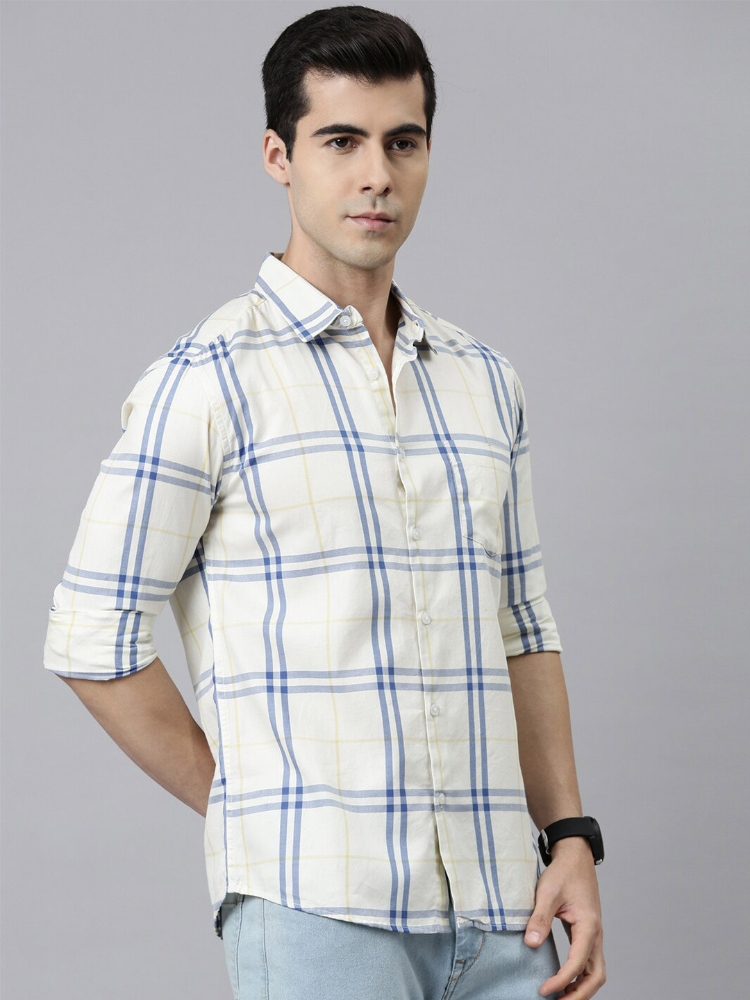 Bushirt Men Cream Cotton Tartan Checked Comfort Casual Shirt