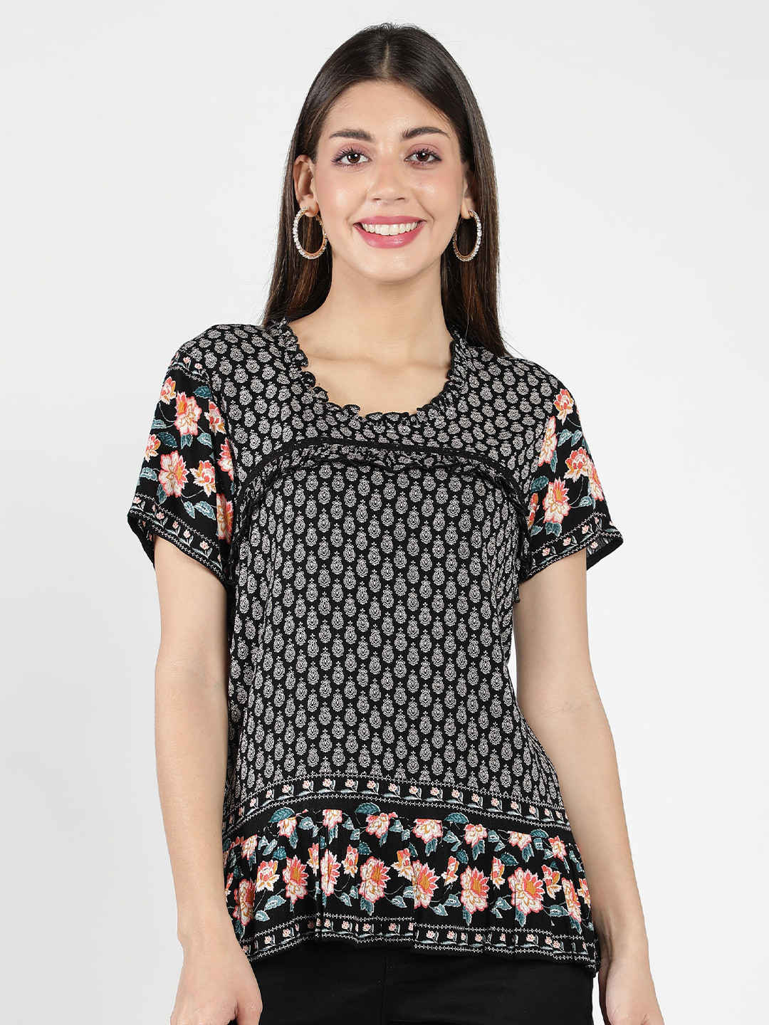 DEBONATELLA Women Black Floral Print Ruffles Crepe Top