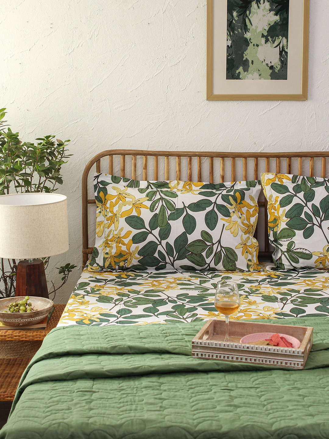House This Green & Yellow Printed Pure Cotton 180 TC Single Bedsheet With 1 Pillow Cover