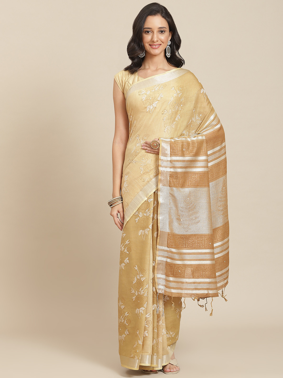 swatika Brown & Beige Floral Linen Blend Bhagalpuri Saree