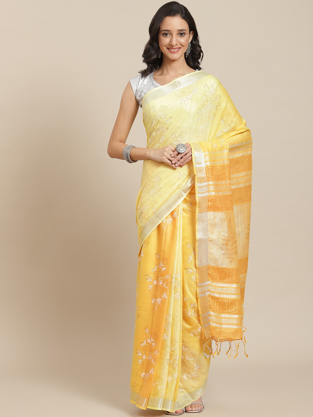 swatika Yellow & Coral Floral Zari Linen Blend Bhagalpuri Saree