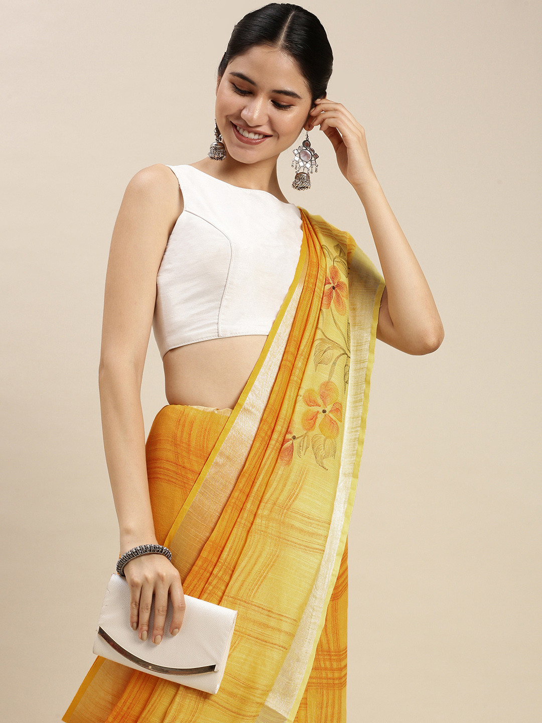swatika Yellow & Orange Floral Printed Linen Blend Bhagalpuri Saree