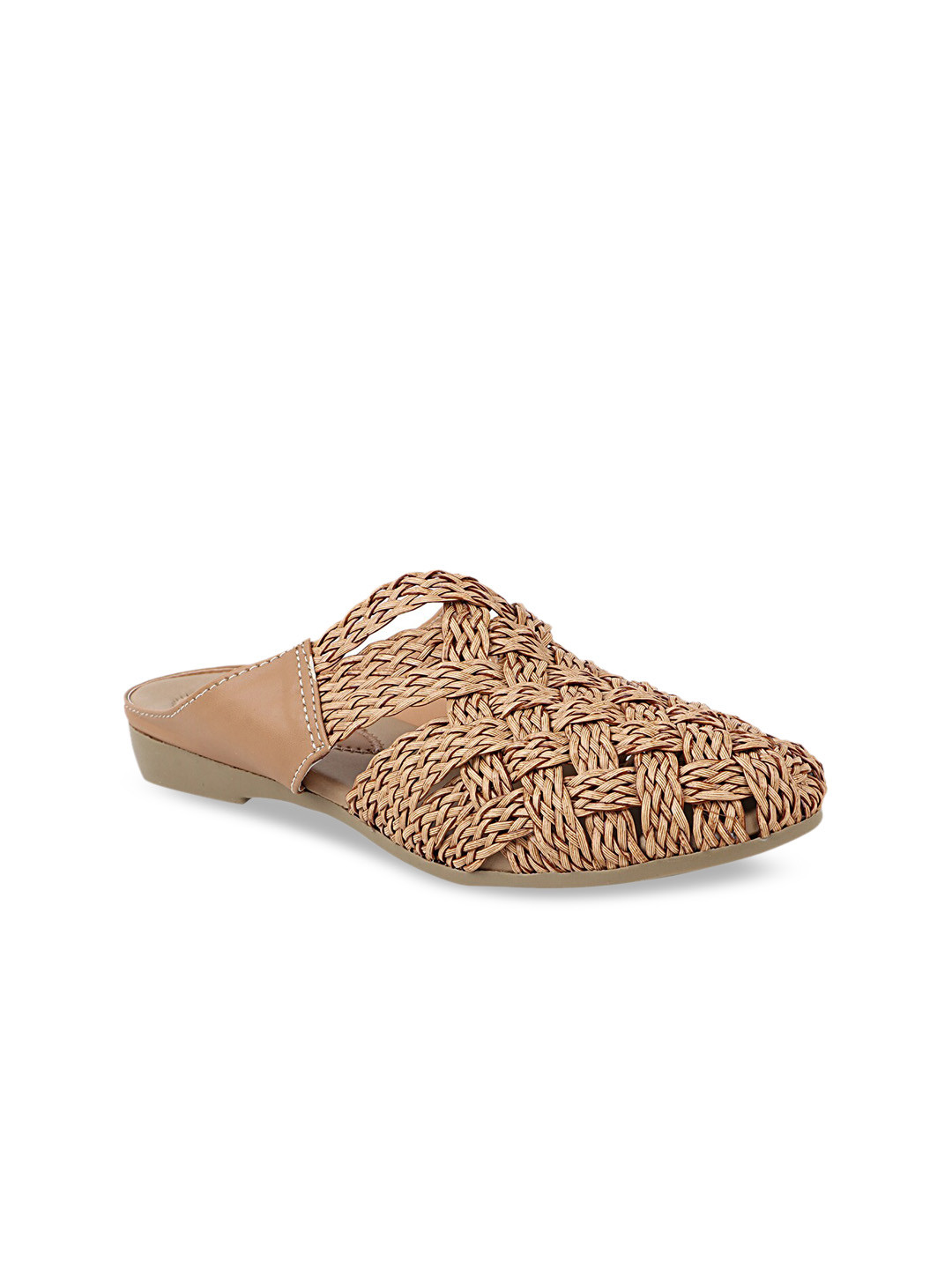 THE WHITE POLE Women Tan Textured Leather Ethnic Flats