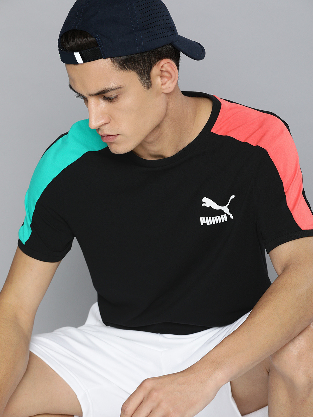 Puma Men Black & Green Iconic T7 Colourblocked Slim Fit T-shirt