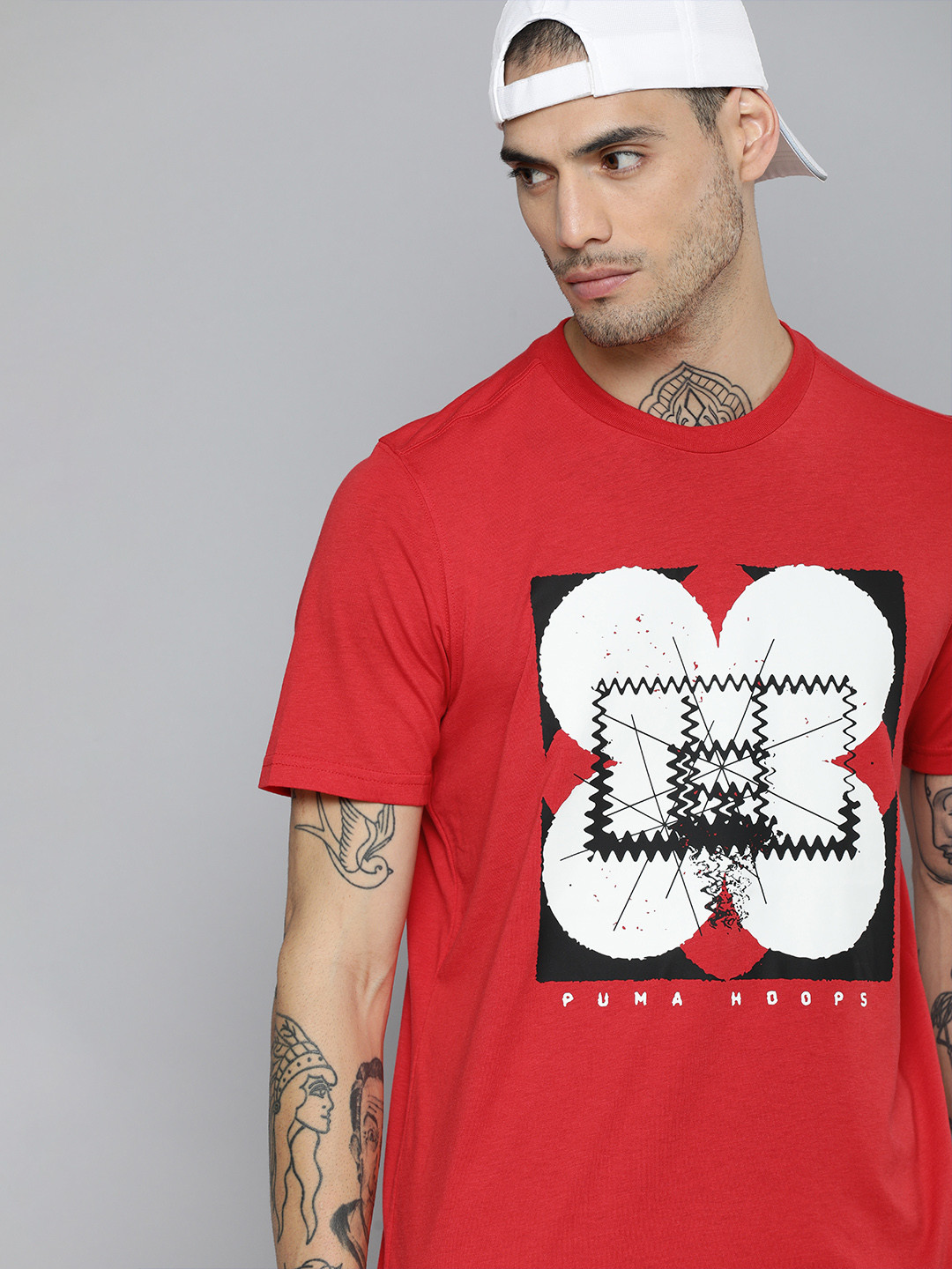 Puma Men Pure Cotton Red Graphic Red Printed dryCELL Box Out SS T-shirt