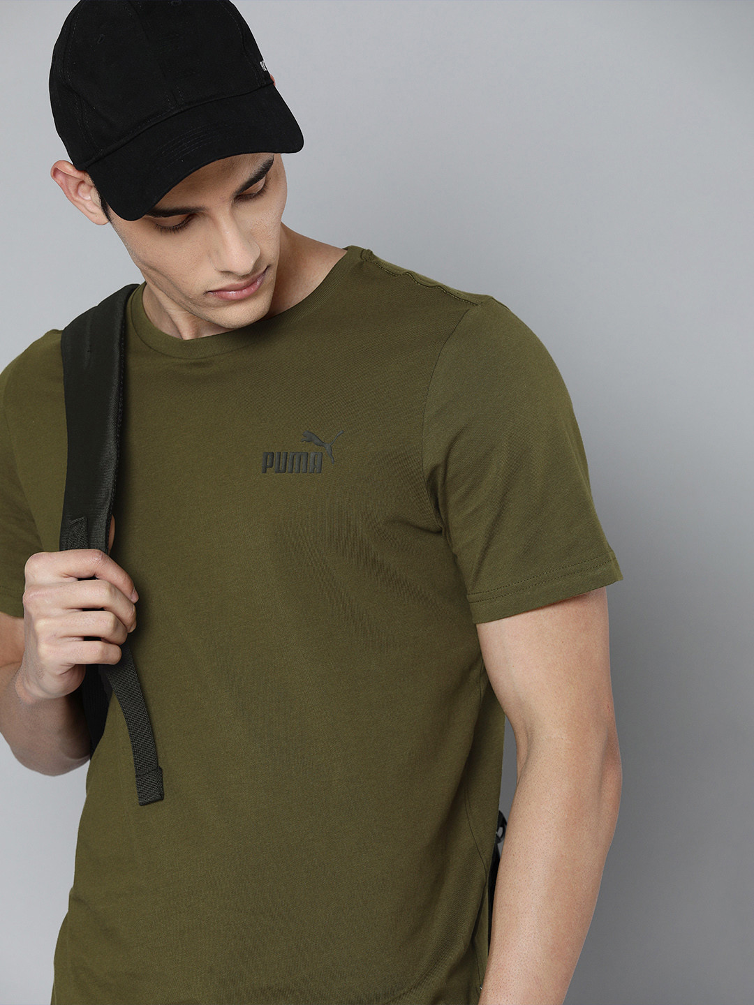 Puma Men Olive Green Pure Cotton Brand Logo Printed Essentials Regular Fit T-shirt
