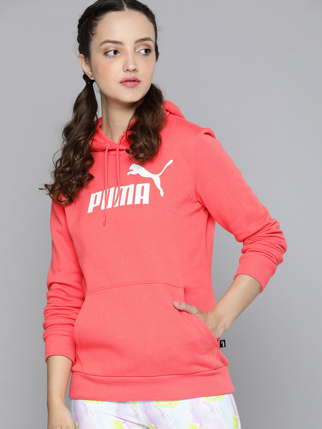 Puma Women Coral Pink Essentials Logo Printed Hooded Sweatshirt