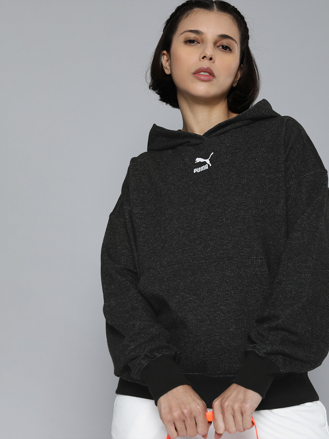 Puma Women Black Self Design Hood Classics Soft Ink Sweatshirt with Embroidered Detail