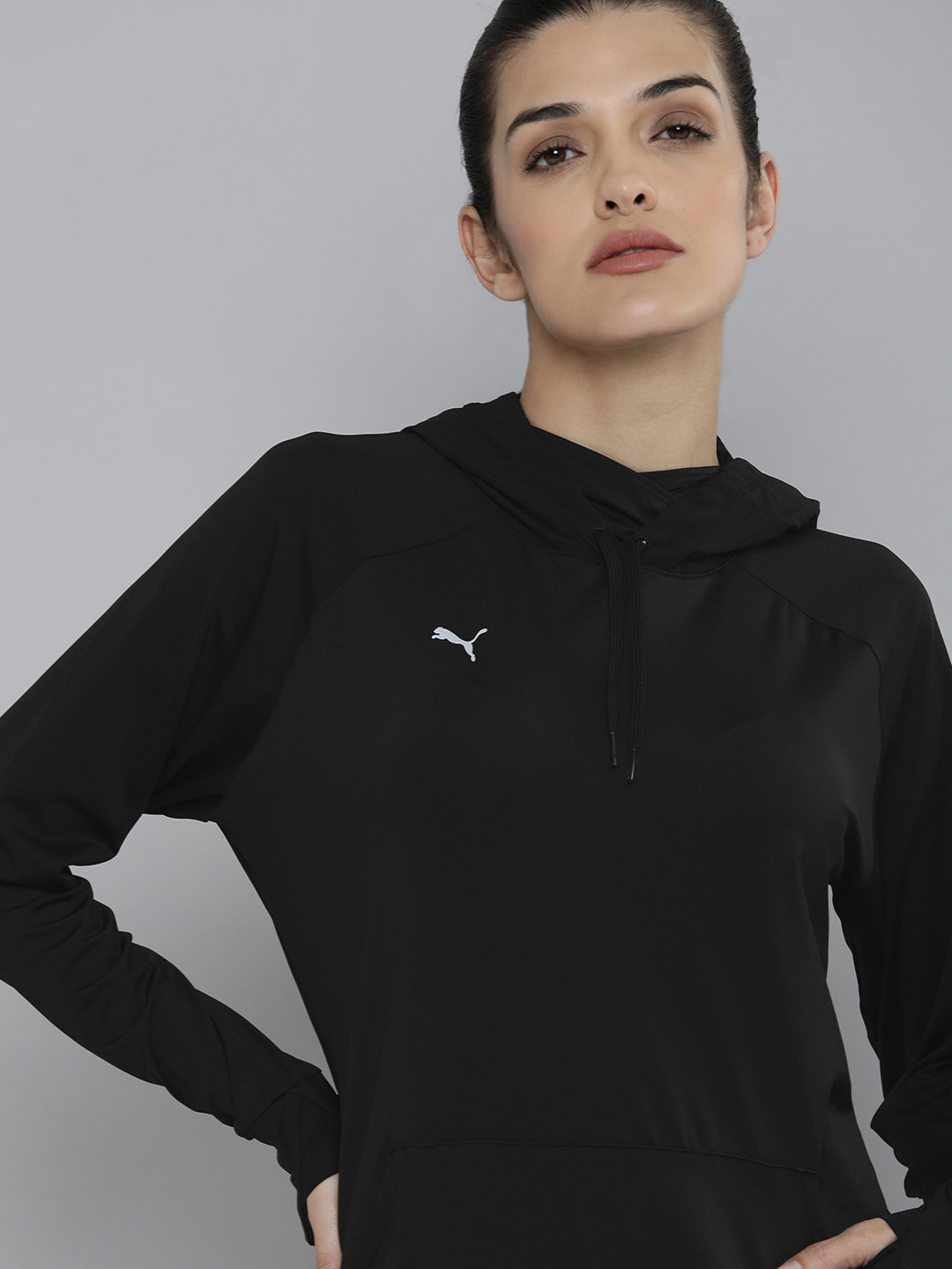 Puma Women Black Hooded Solid Sustainable Sweatshirt