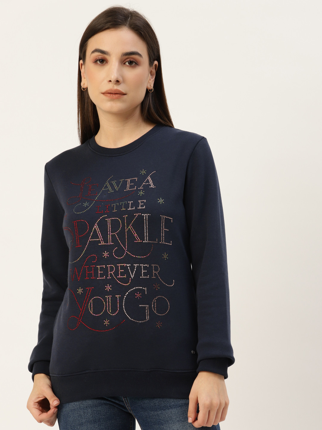 Monte Carlo Women Navy Blue Typography Printed Sweatshirt