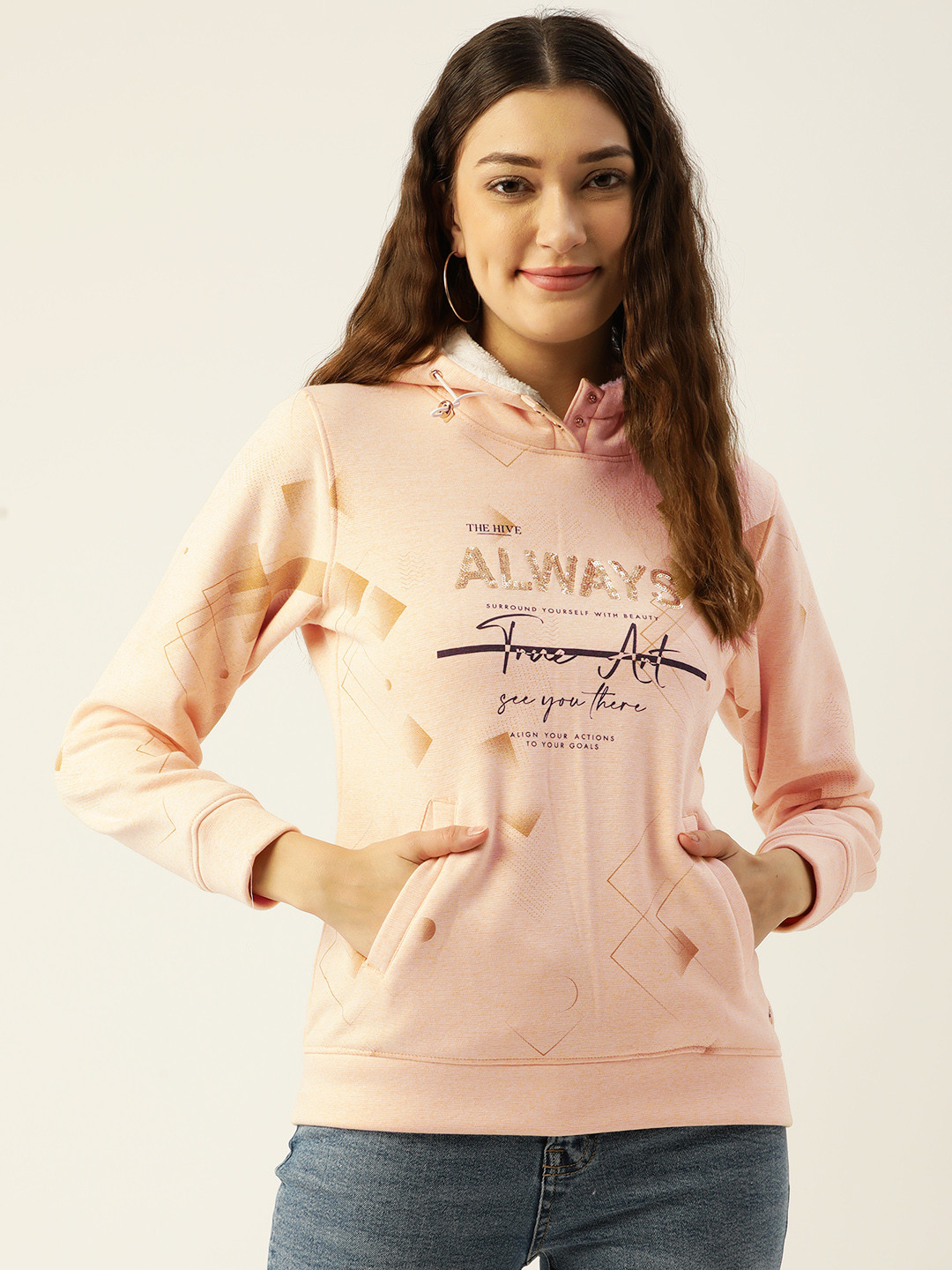 Monte Carlo Women Peach-Coloured Printed Hooded Sweatshirt- With Embellished Detail