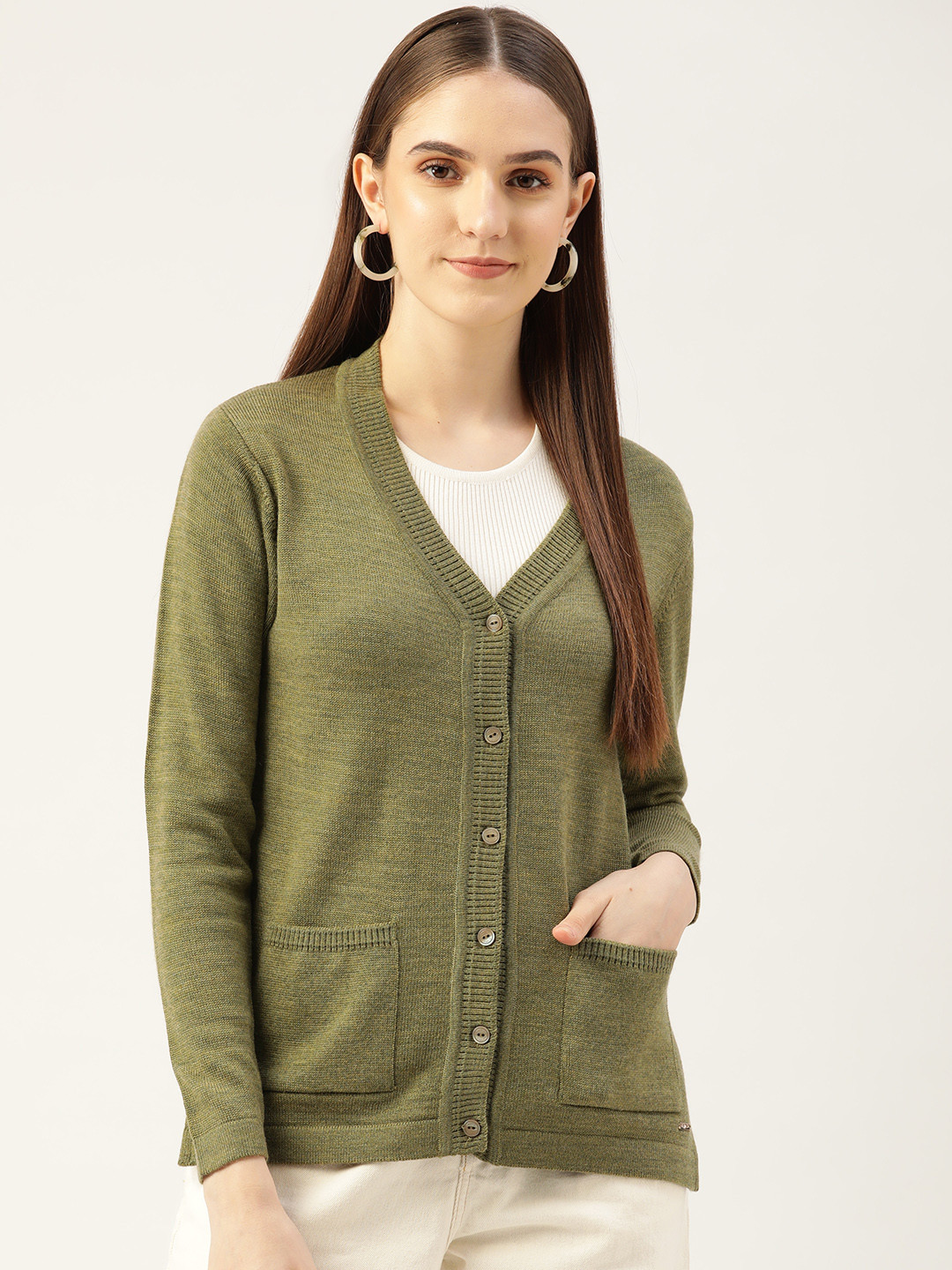 Monte Carlo Women Olive Green Solid Cardigan