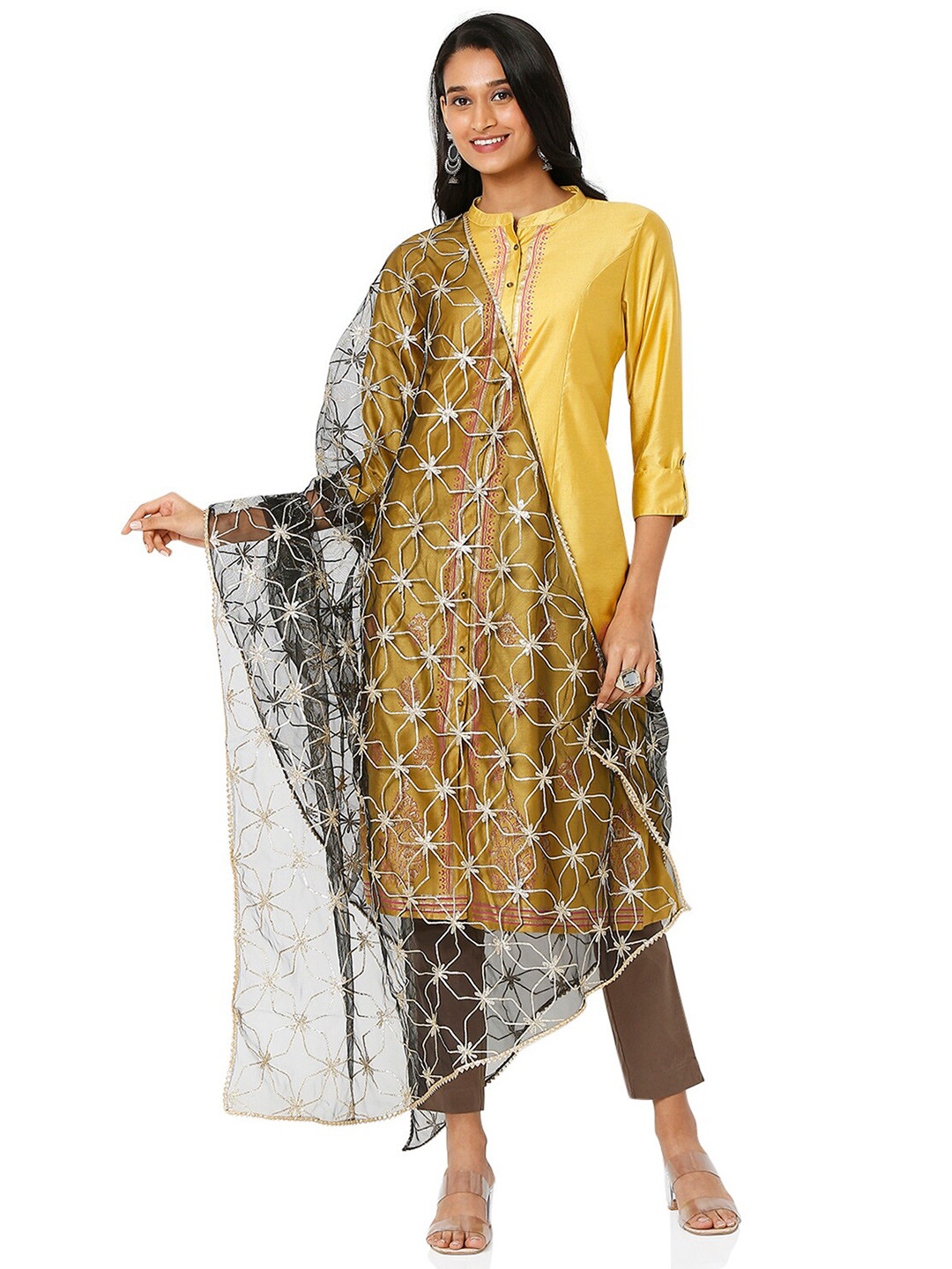 Ethnicity Black & White Embroidered Net Dupatta