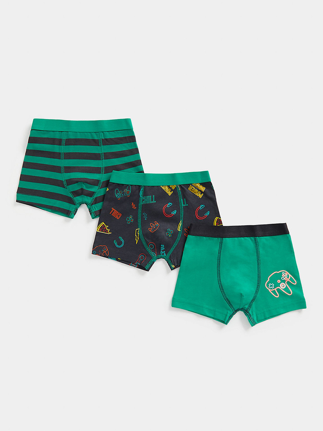 mothercare Infant Boys Green & Navy Blue Pack Of 3 Striped & Printed Mid-Rise Trunk Briefs