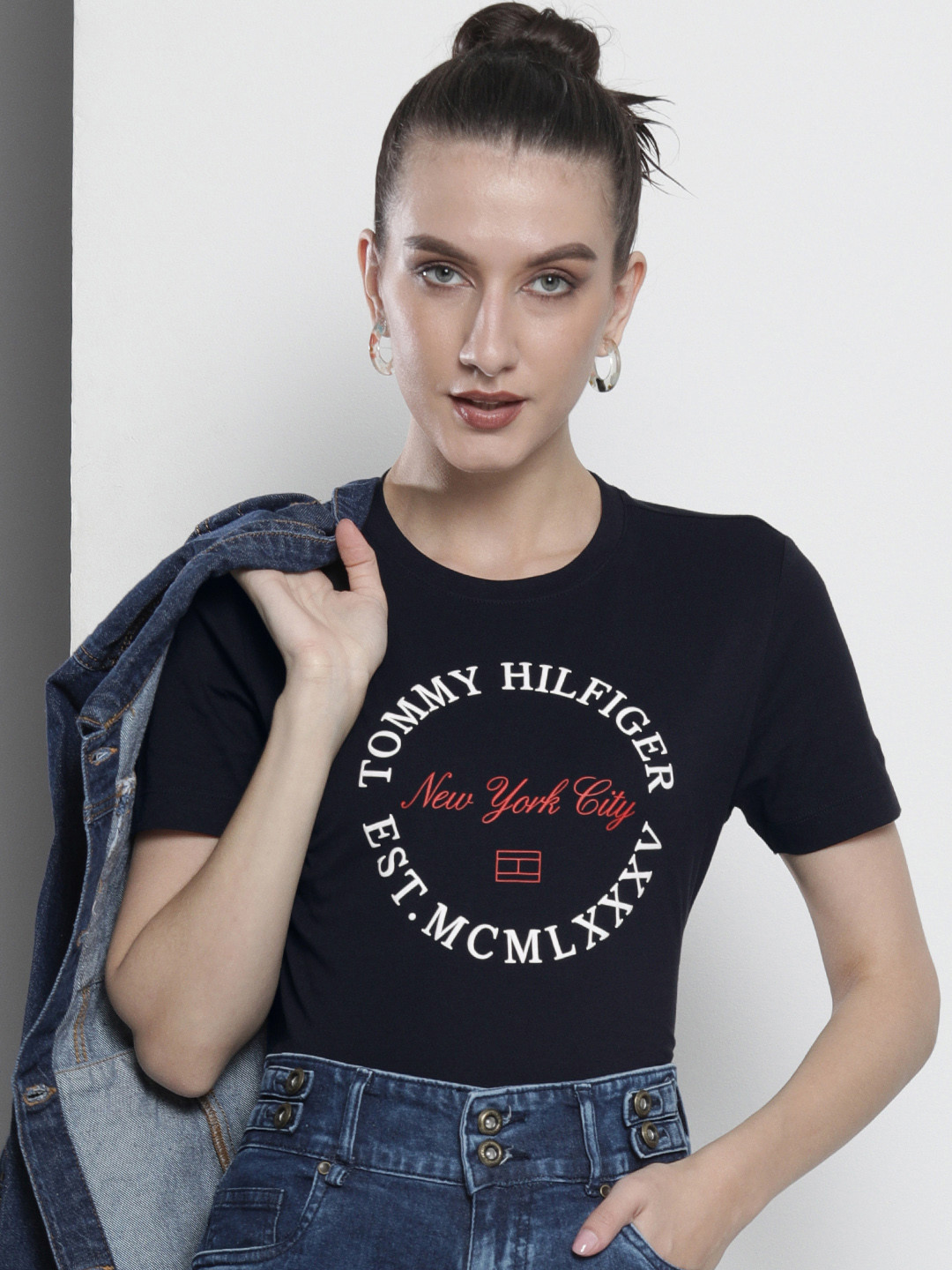 Tommy Hilfiger Women Navy Blue Typography Printed Applique Slim Fit Pure Cotton T-shirt