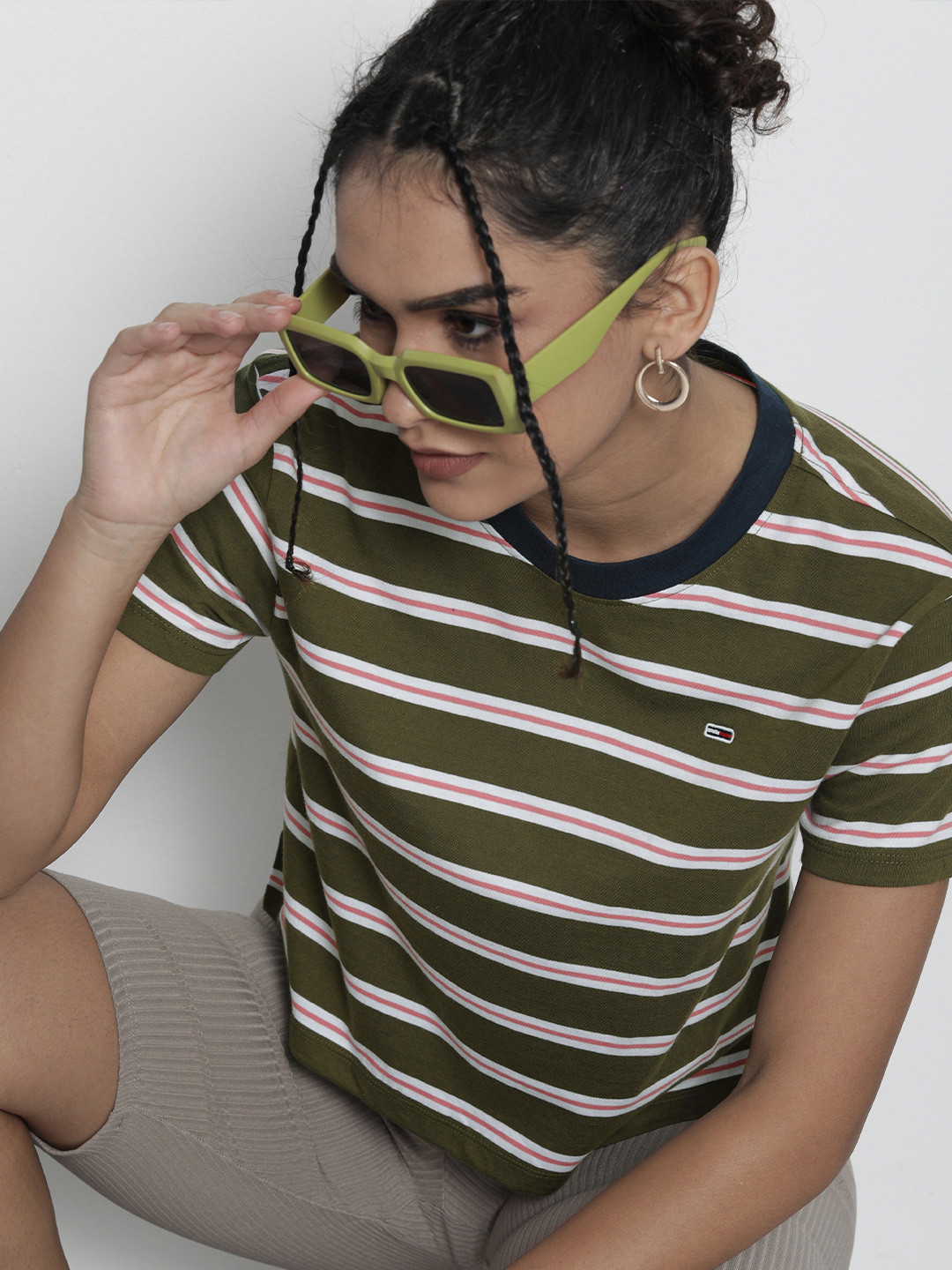 Tommy Hilfiger Women Olive Green & White Striped Pure Cotton T-shirt
