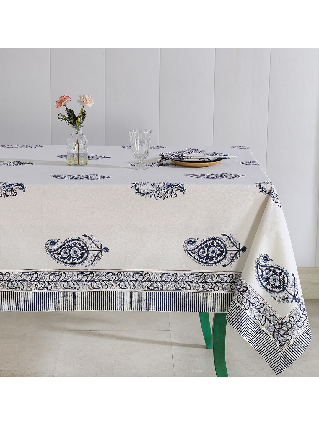 HANDICRAFT PALACE White & Blue Paisley Hand Block Printed Cotton Table Cover & 6pc Napkins