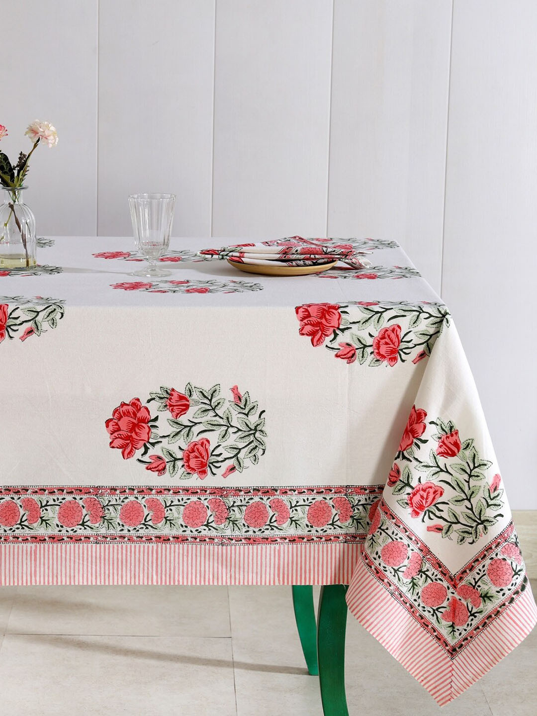 HANDICRAFT PALACE White & Pink Hand Block Table Cover With 6 Cloth Napkins