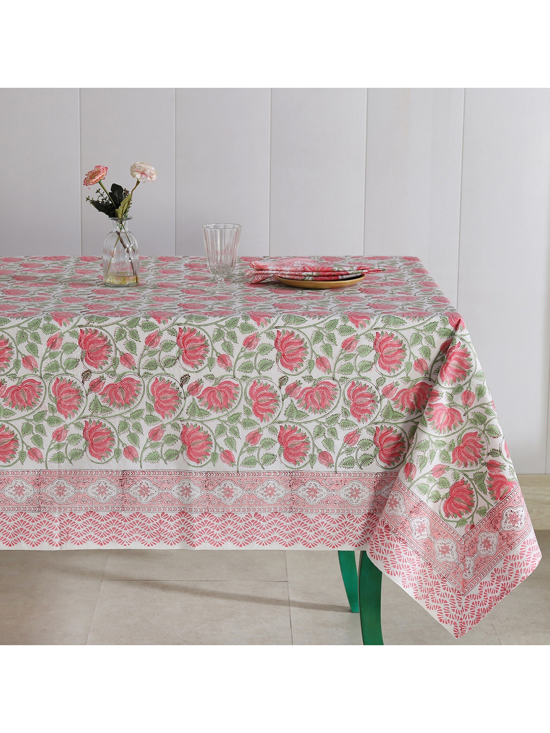 HANDICRAFT PALACE White & Pink Block Printed Pure Cotton Table Cover With 6 Pcs Napkin