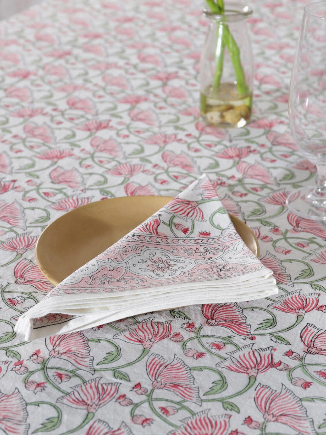 HANDICRAFT PALACE Set of 7 White & Pink Hand Block Printed Table Cover & Napkins