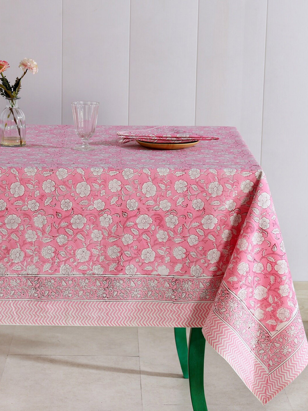 HANDICRAFT PALACE Pink Floral Hand Block Printed Table Cover with  6 PIECE  Napkins