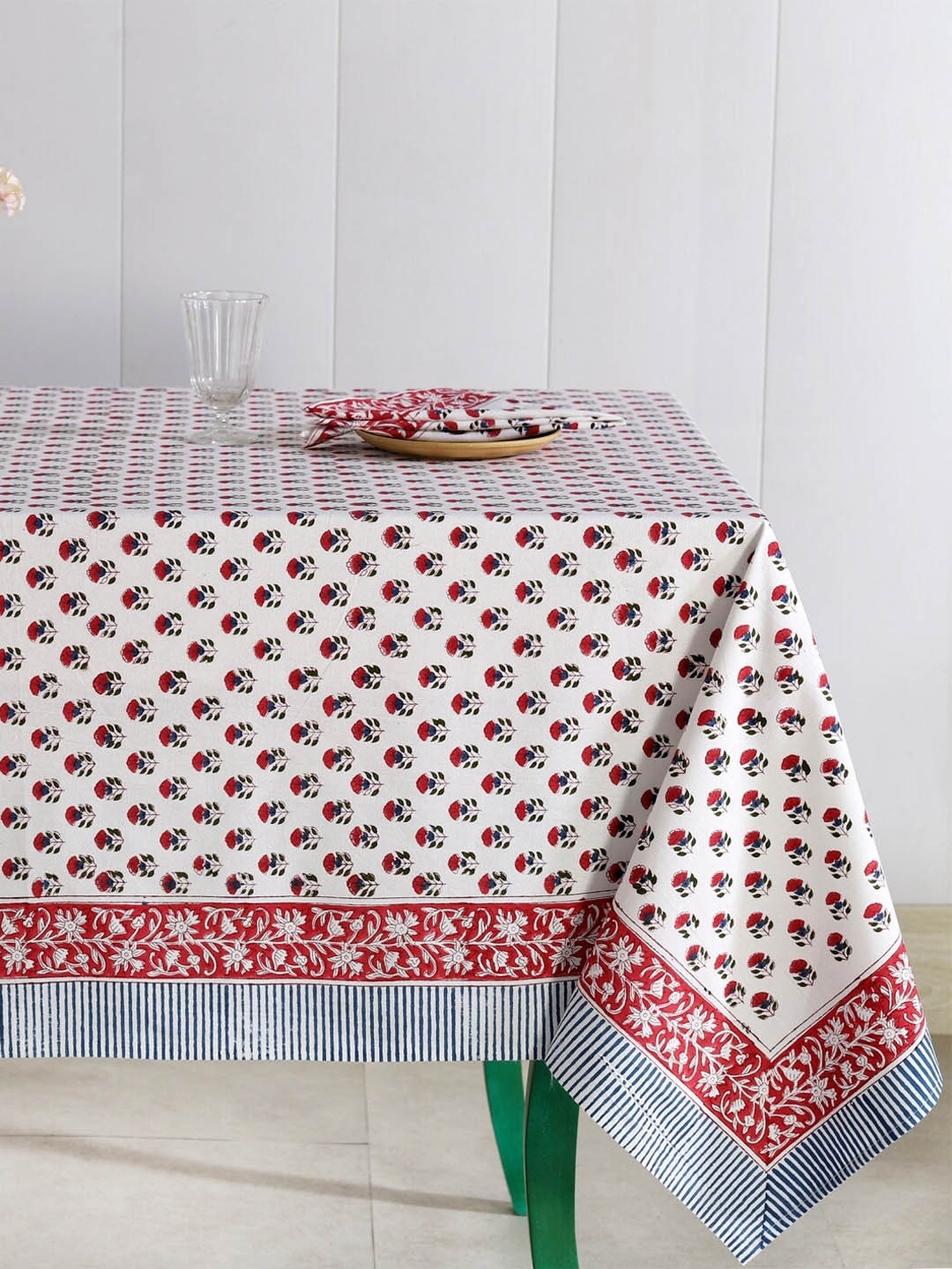 HANDICRAFT PALACE White & Red Floral Cotton Hand Block Printed Table Cover & 6pc Napkins