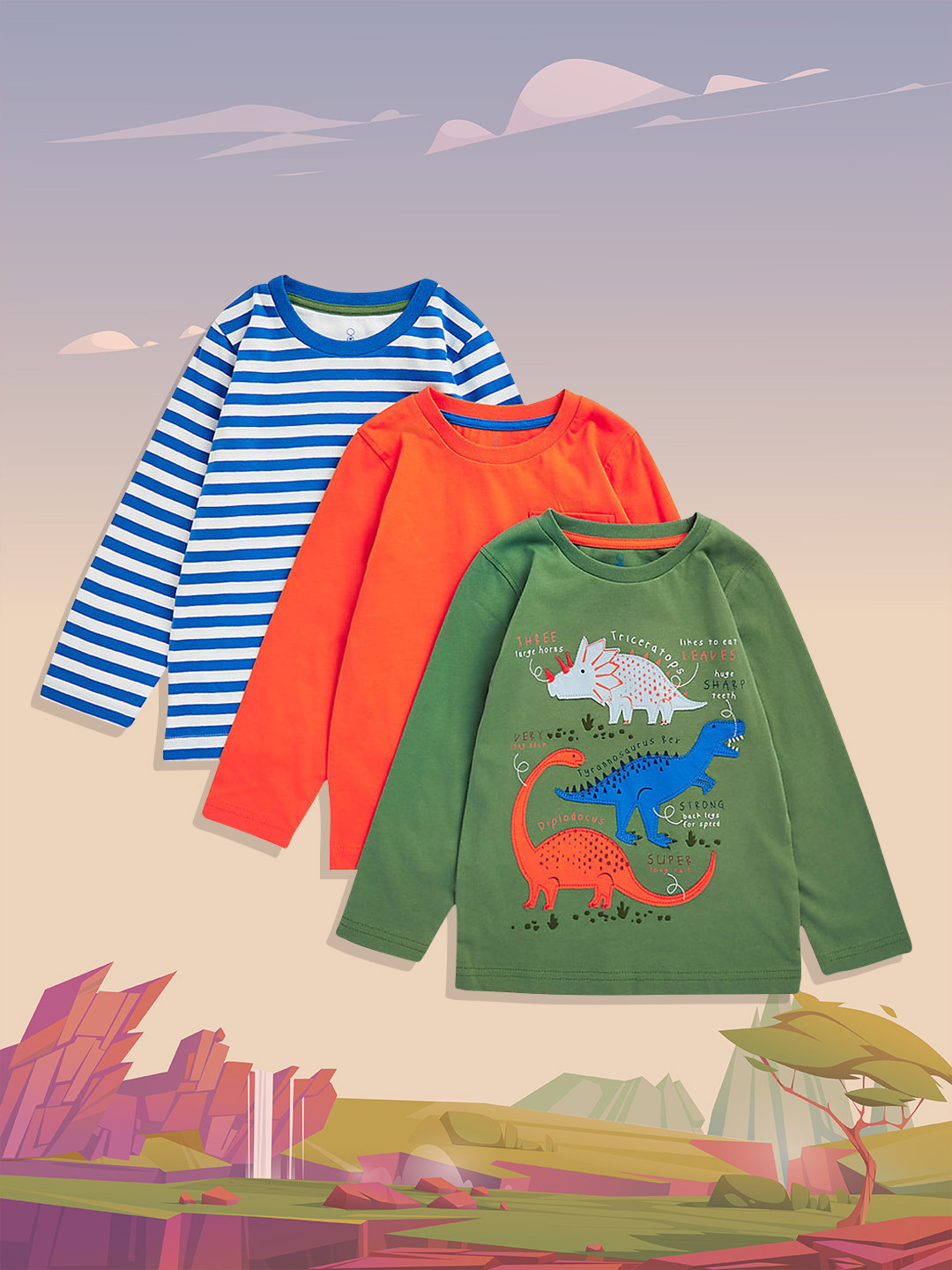 mothercare Infant Boys Pack of 3 Pure Cotton T-shirts in Green Orange & White