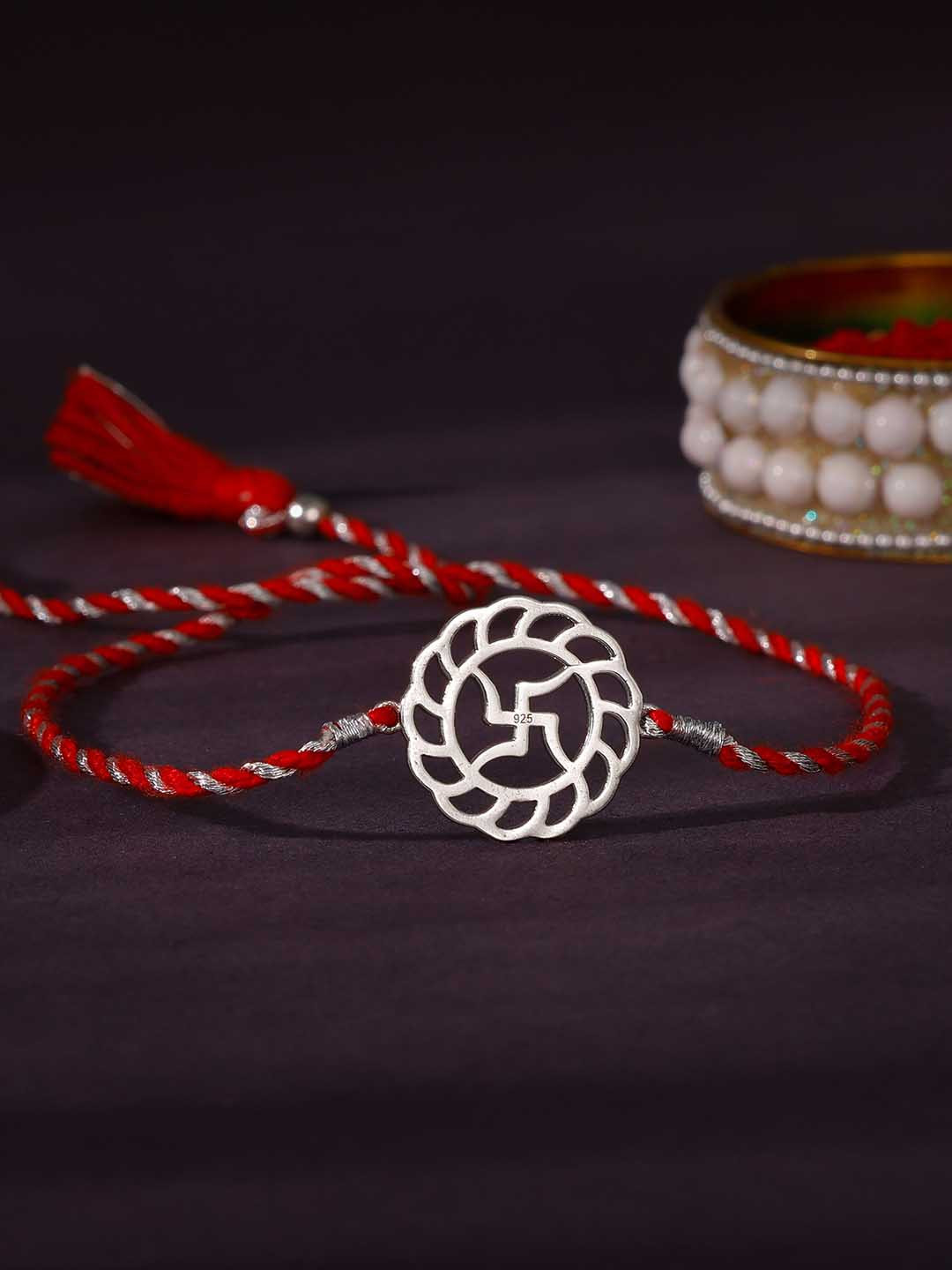 GIVA 925 Sterling Silver Swastik Rakhi with Roli Chawal