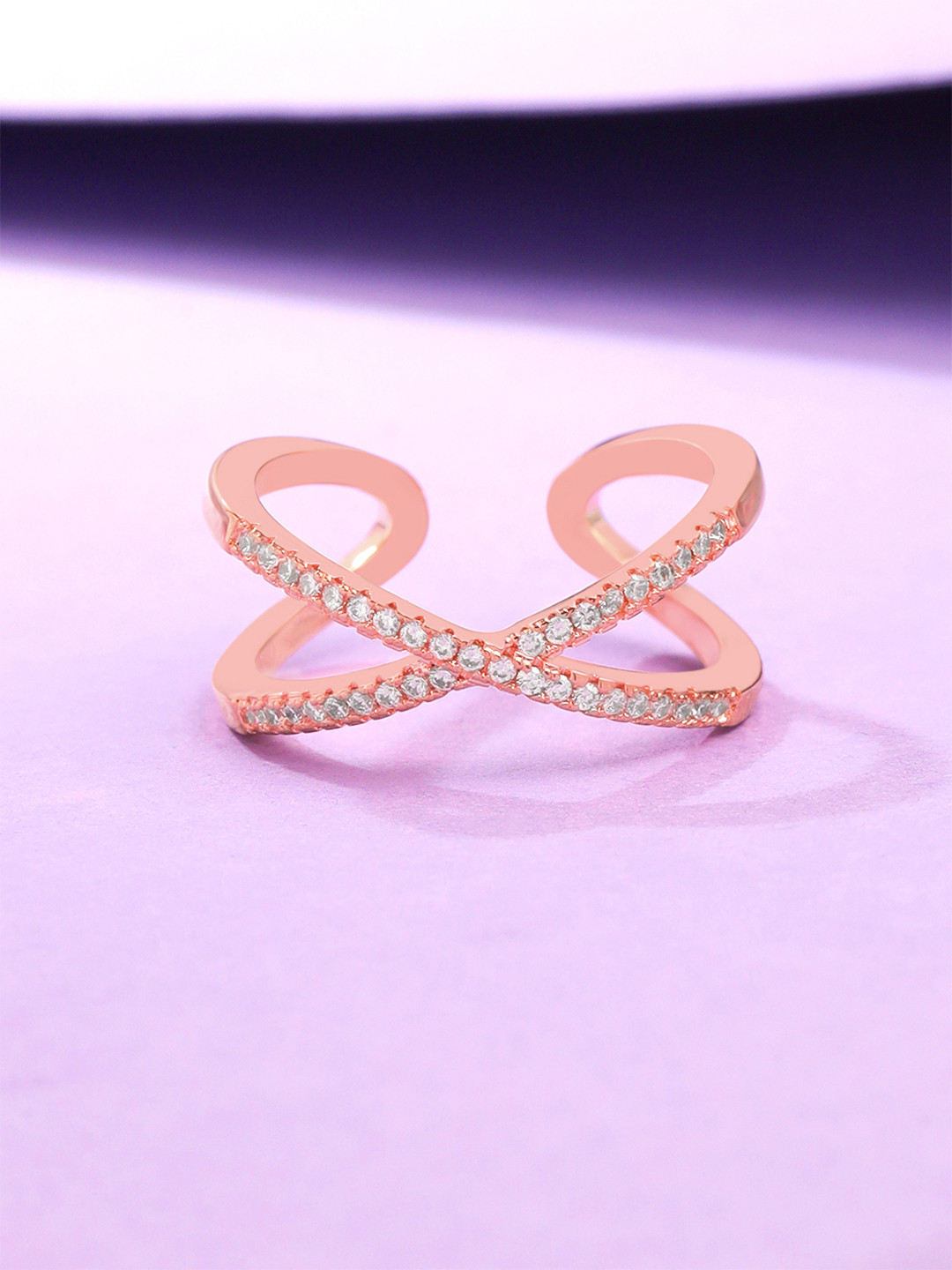 Yellow Chimes Rose Gold Plated Geometric Crystal Studded Adjustable Ring