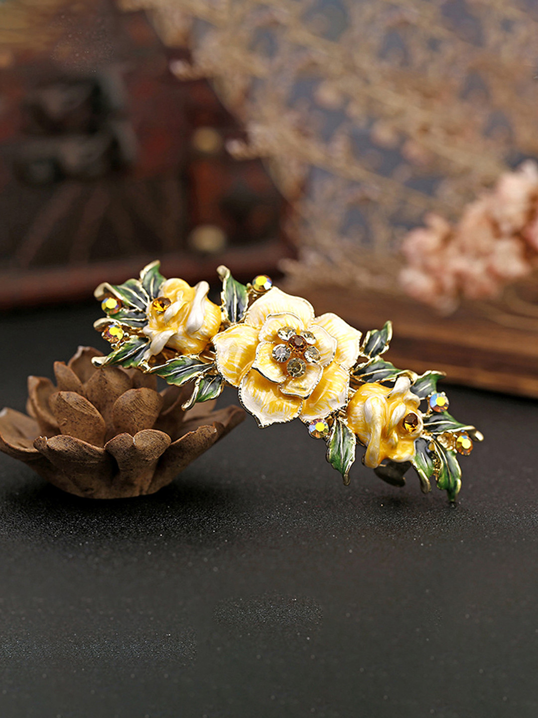 Yellow Chimes Women Gold Toned& Yellow Floral Crystal Studded French Baratte
