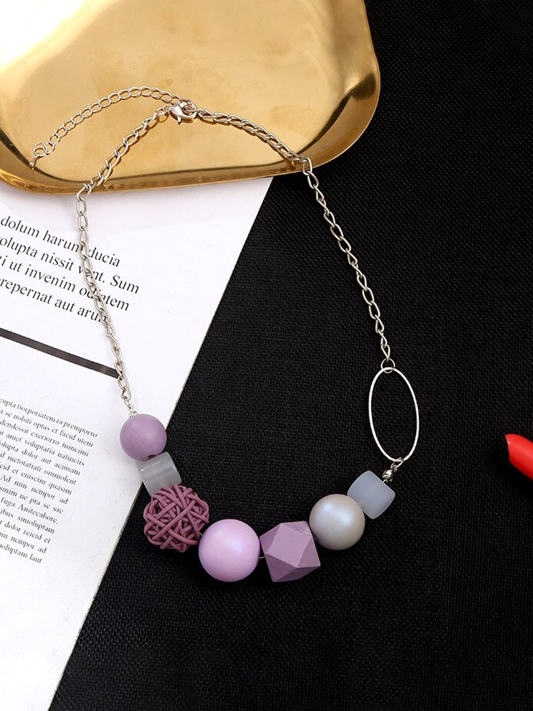 Yellow Chimes Gold-Toned & Grey Beaded Statement Necklace