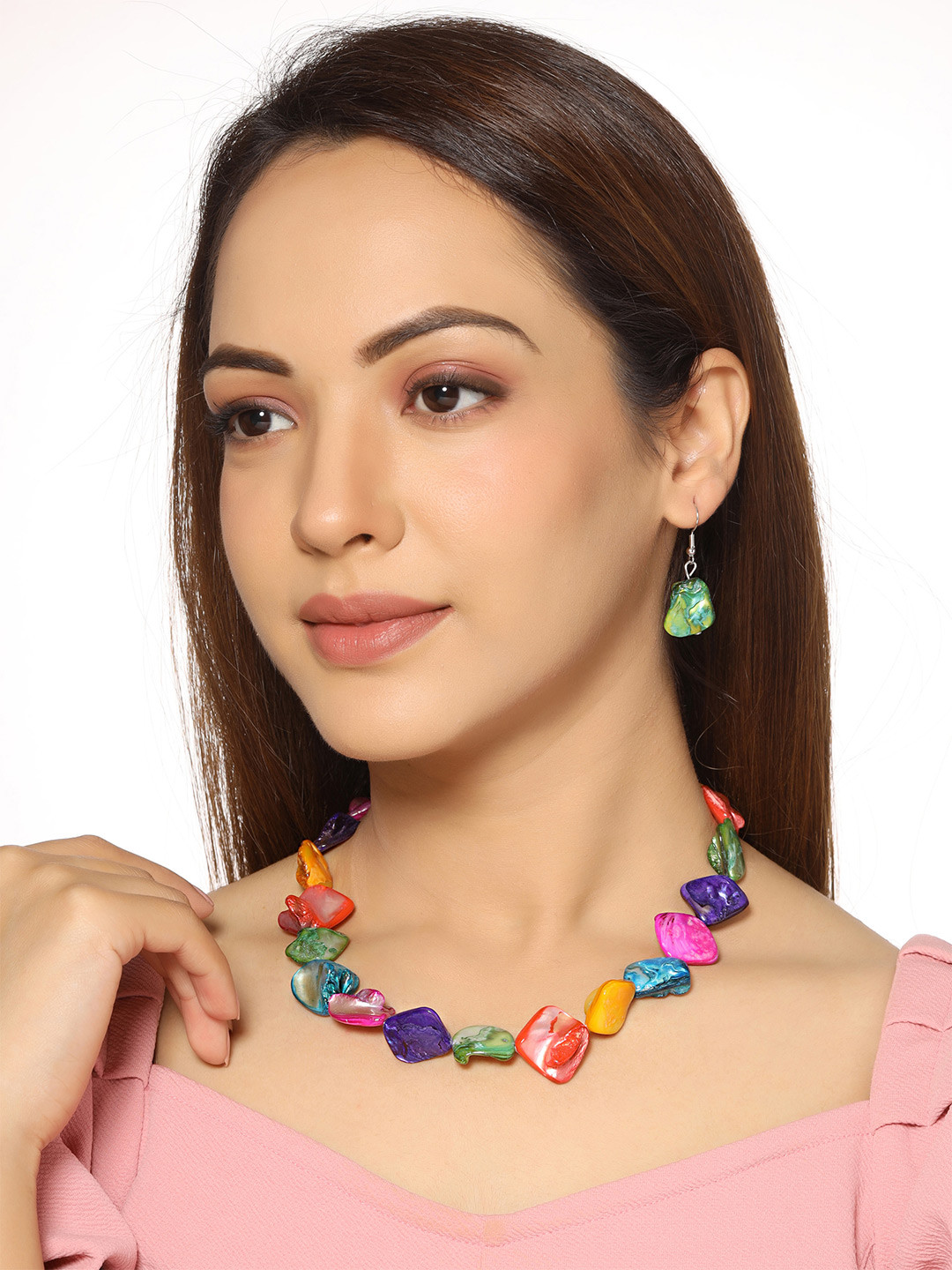 Yellow Chimes Women Silver Toned & Red Beads Beaded Choker Jewellery Set