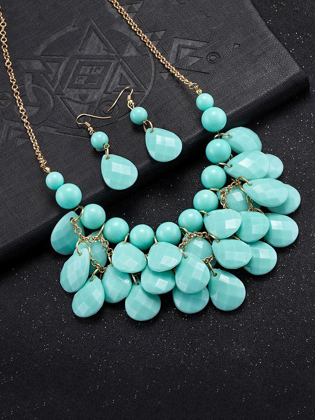 Yellow Chimes Blue Stone Tear Drop  Designed Gold Toned Jewellery  Set