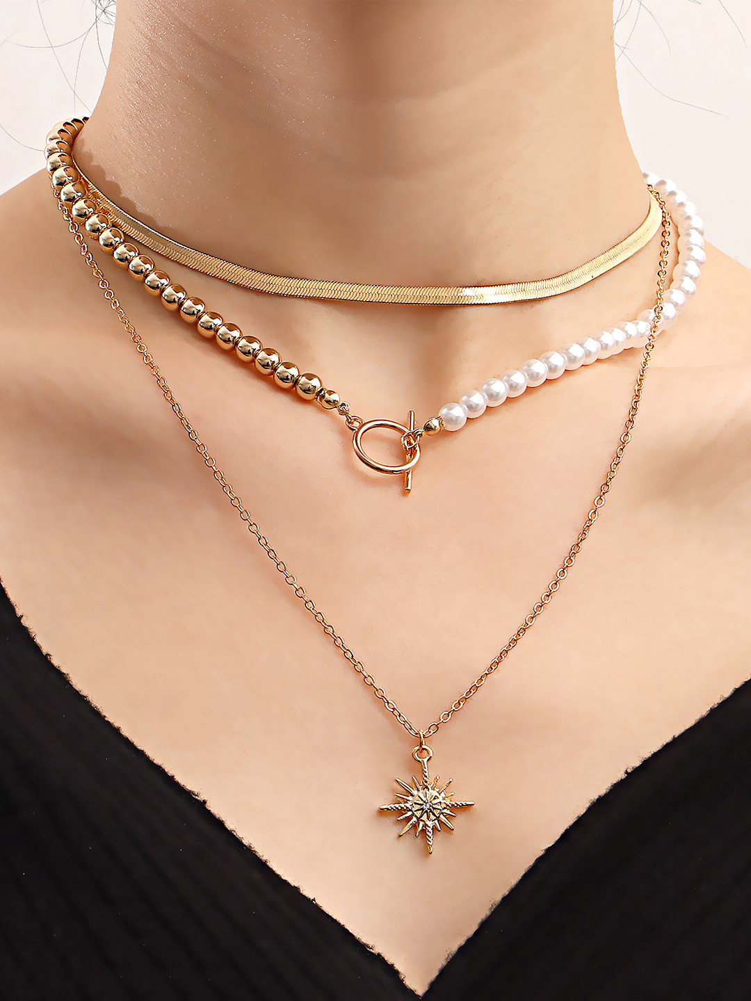 Yellow Chimes Gold Tone Pearl Bead Layered Charm Dainty Neckchain