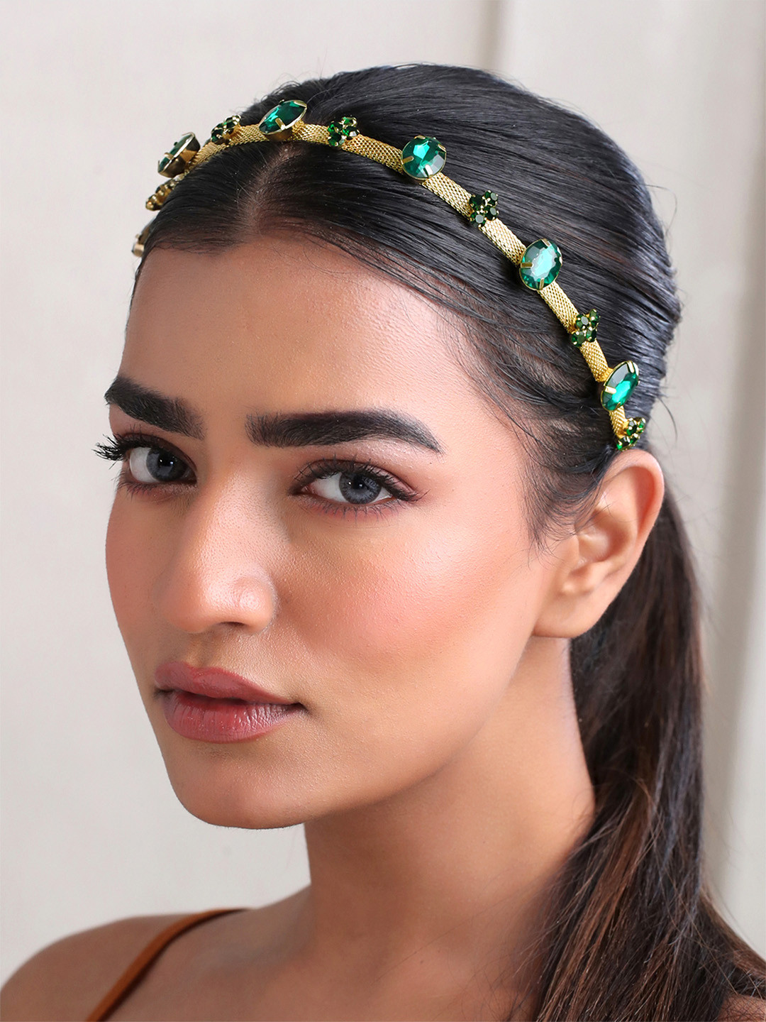 Yellow Chimes Women Green Crystal Beaded Headchain