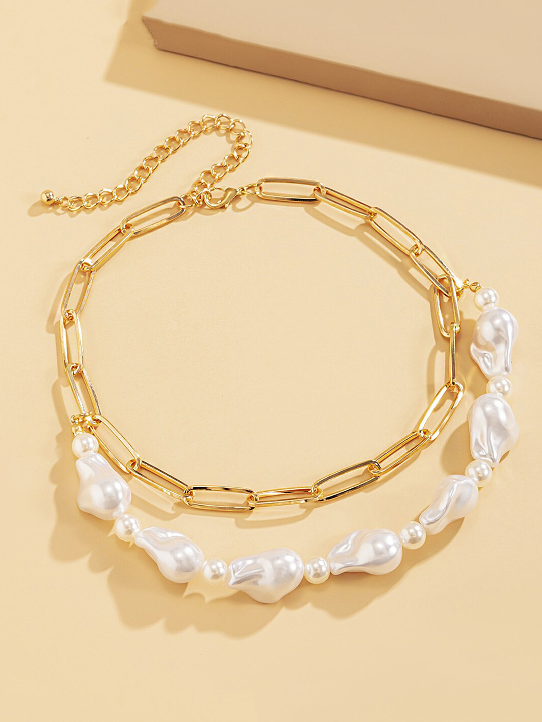 Yellow Chimes Gold Toned Multilayer White Pearl Stone Chain Necklace