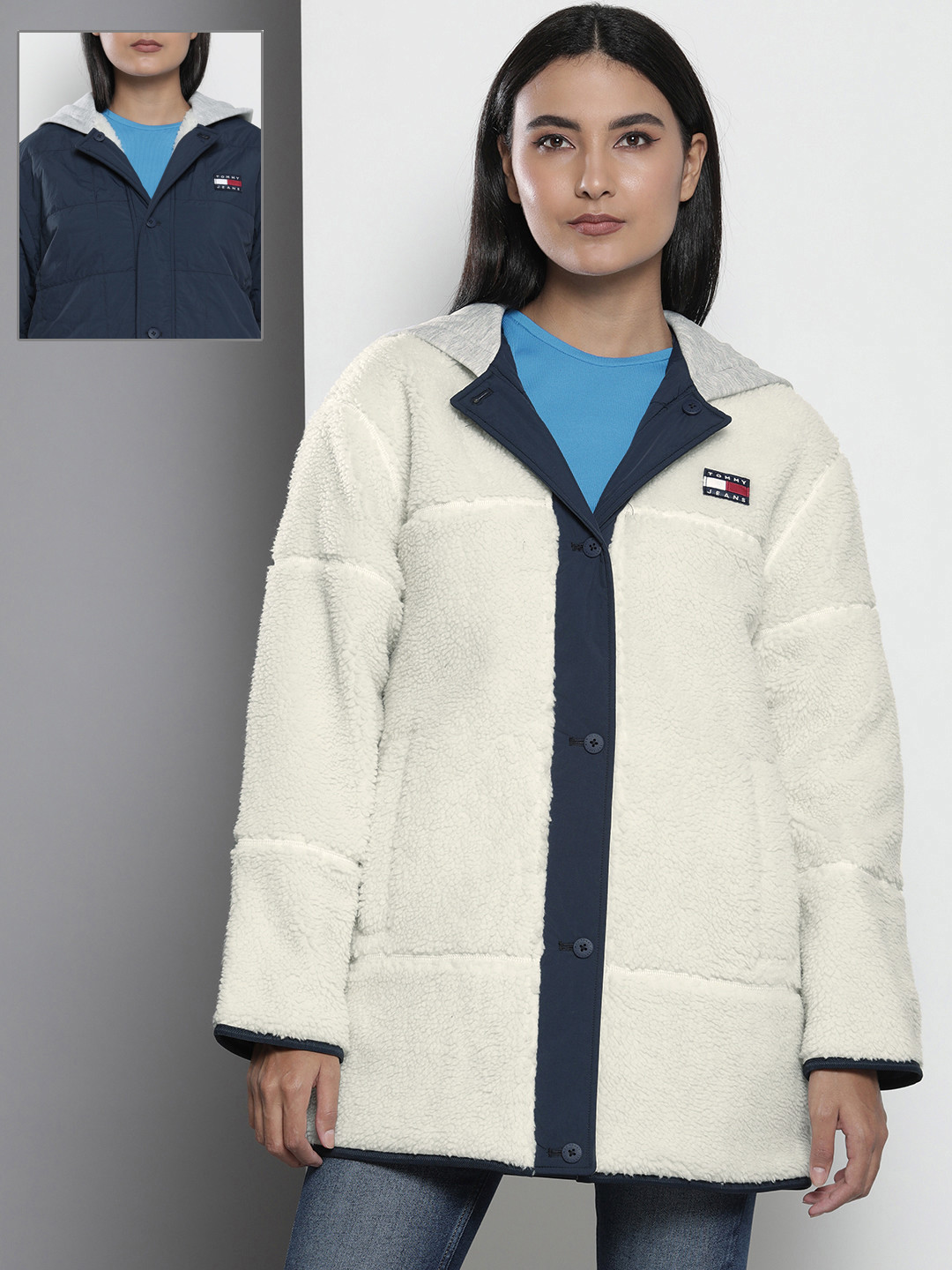 Tommy Hilfiger Women White & Blue Reversible Sherpa Padded Jacket