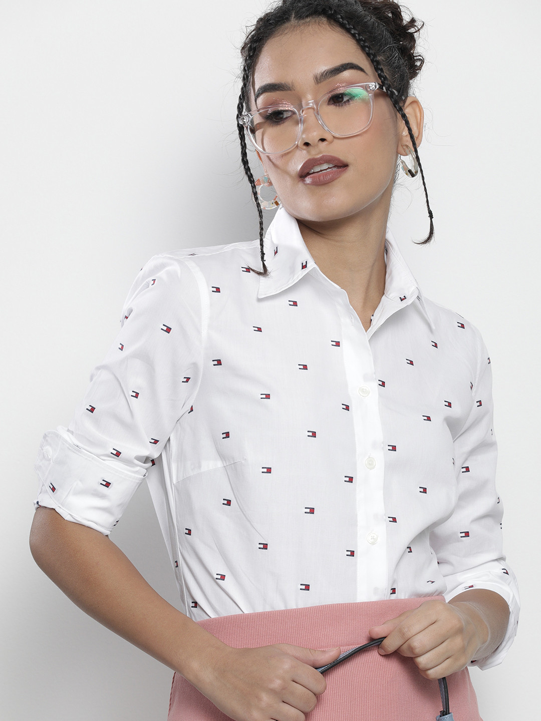 Tommy Hilfiger Women White Printed Pure Organic Cotton Casual Shirt